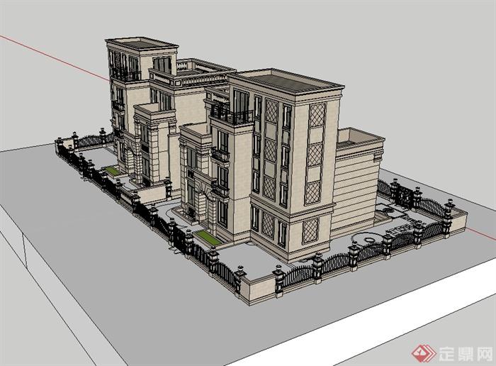 新古典双拼别墅楼建筑设计SU模型(2)