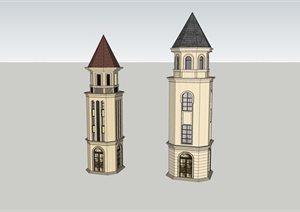 某英式风格两个塔设计SU(草图大师)模型