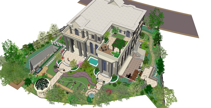 欧式风格别墅建筑以及庭院景观su模型