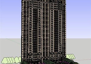 新古典双拼高层住宅楼及楼前景观SU(草图大师)模型