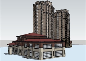 新古典高层商住楼及多层商铺建筑SU(草图大师)模型