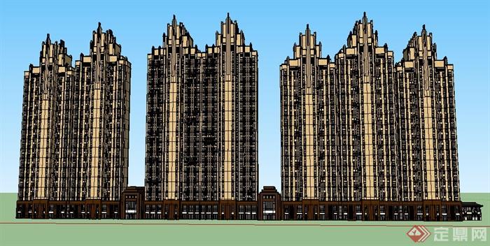 新古典高层联栋商住楼建筑设计su模型(1)