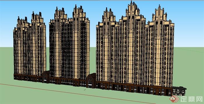 新古典高层联栋商住楼建筑设计su模型(2)