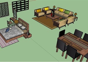 中式风格沙发茶几、餐桌椅、床、陈设SU(草图大师)模型