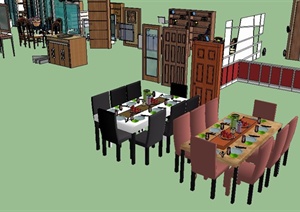 中式风格餐桌椅、沙发茶几、柜子等家具SU(草图大师)模型