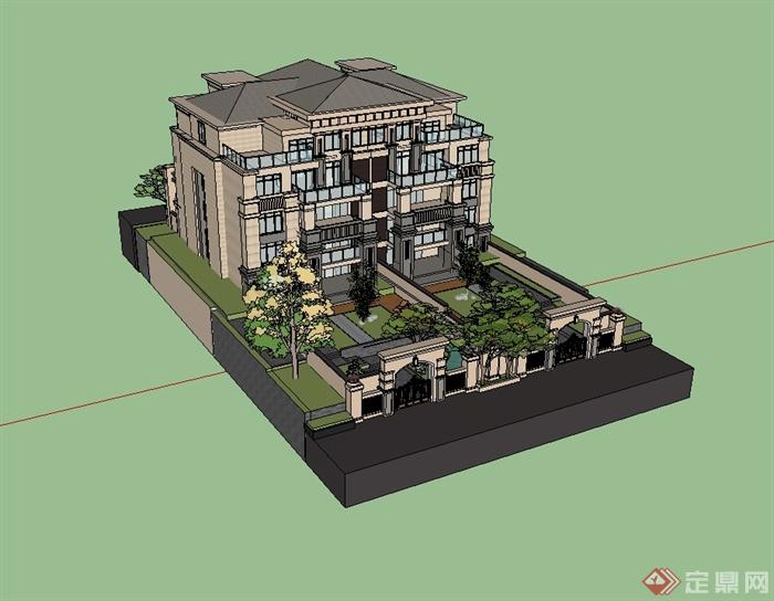 某新古典双拼别墅楼建筑设计SU模型(3)