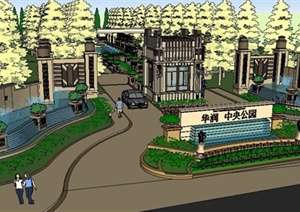 新古典小区大门及入口景观设计SU(草图大师)模型