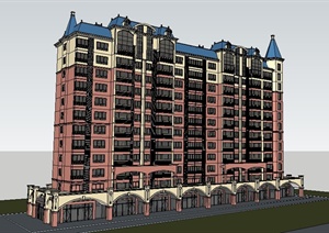 英伦风十二层住宅楼建筑设计SU(草图大师)模型