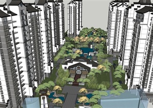 新中式高层住宅小区建筑及景观SU(草图大师)模型