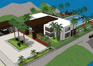 现代风格海边别墅建筑及庭院景观SU(草图大师)模型