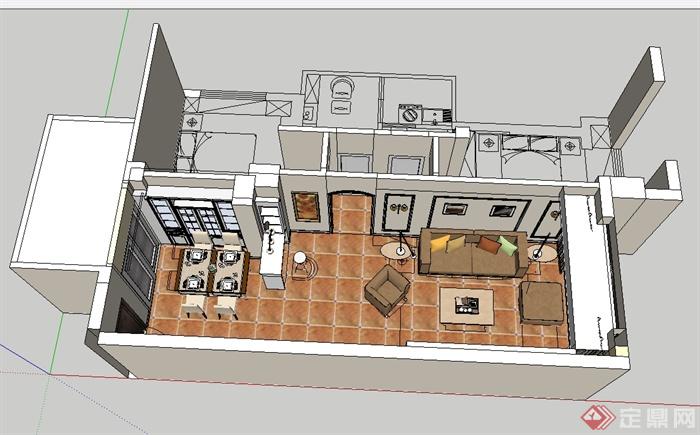 美式住宅空间客餐厅设计su模型(4)