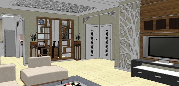 新中式风格详细室内空间设计su模型