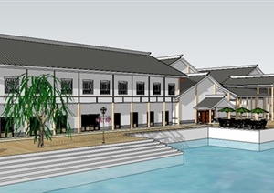 现代中式滨水茶楼建筑设计SU(草图大师)模型