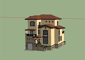 西班牙风格精致独栋别墅建筑设计SU(草图大师)模型