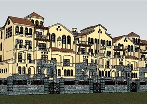 西班牙风格拼接花园洋房住宅建筑SU(草图大师)模型