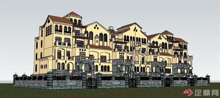 西班牙风格拼接花园洋房住宅建筑su模型(1)