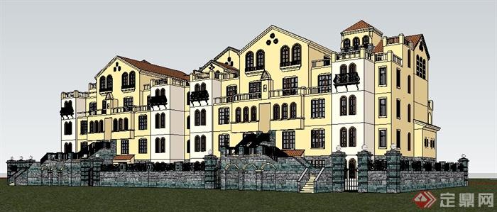 西班牙风格拼接花园洋房住宅建筑su模型(2)