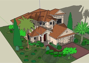 北美风格独栋别墅住宅建筑设计SU(草图大师)模型
