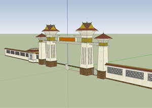 古典中式风格精致详细入口大门设计SU(草图大师)模型
