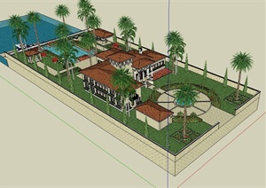 某欧式风格精致私人别墅住宅建筑及庭院设计SU(草图大师)模型