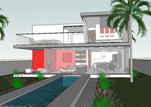 现代风格别墅建筑、景观、室内设计SU(草图大师)模型