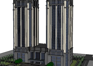 新古典双塔酒店建筑设计SU(草图大师)模型