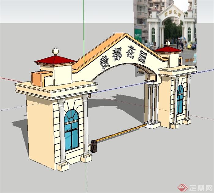 某欧式风格花园小区入口大门设计SU模型(2)