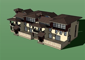 东南亚风格双拼别墅建筑楼设计SU(草图大师)模型