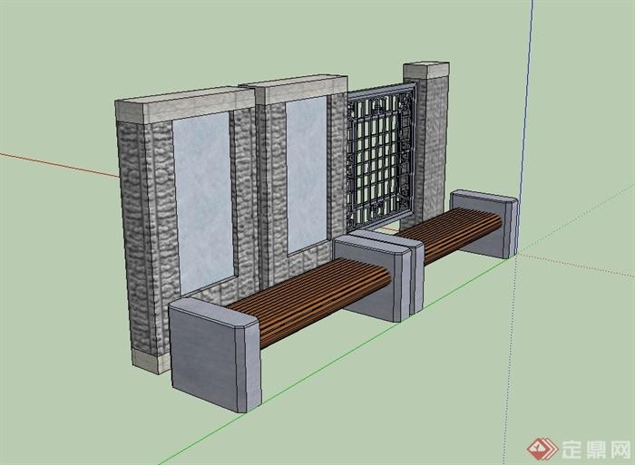 现代中式风格景墙坐凳设计su模型(2)