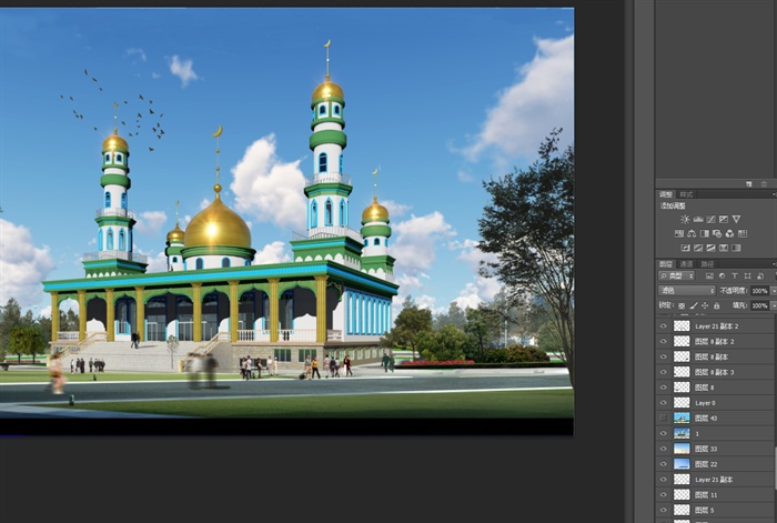 新疆某清真寺建筑设计su模型、cad方案、psd效果图