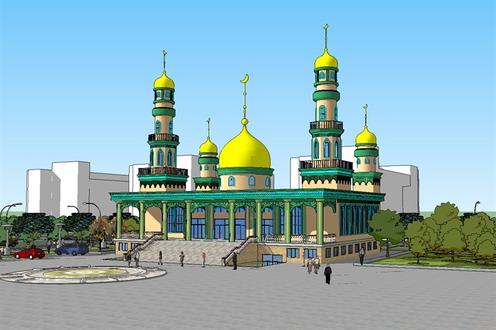 新疆某清真寺建筑设计su模型、cad方案、psd效果图