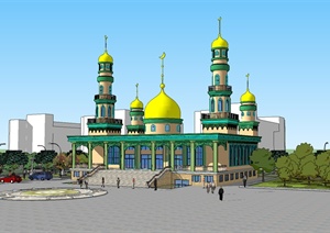 新疆某清真寺建筑设计SU(草图大师)模型、cad方案、psd效果图