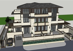 某新古典风格双拼别墅详细建筑楼设计SU(草图大师)模型