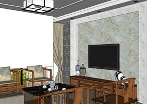 现代中式风格详细精致室内空间住宅装设计SU(草图大师)模型