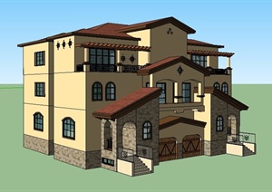 西班牙风格3层双拼别墅住宅建筑SU(草图大师)模型