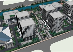 现代风格政府办公大楼及楼前广场景观设计SU(草图大师)模型