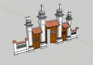 现代中式风格寺庙入口大门设计SU(草图大师)模型