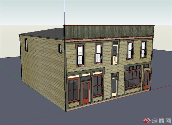 某现代风格多层木材质小商店建筑楼设计su模型(2)