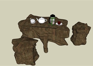 中式木质茶桌凳设计SU(草图大师)模型