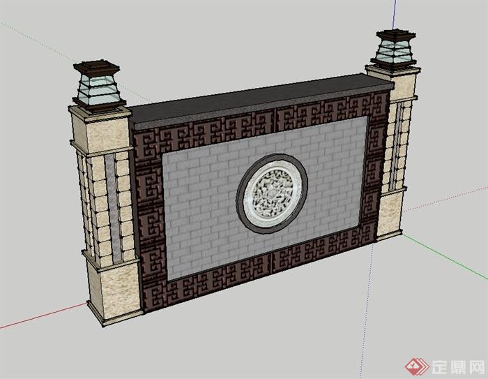 现代中式景墙柱子设计SU模型(2)
