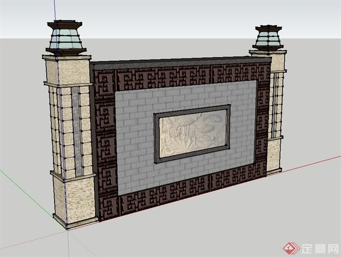 现代中式景墙柱子设计SU模型(4)