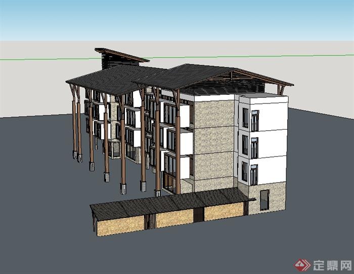 东南亚风格多层住宅楼建筑设计su模型(4)