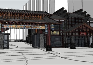 中式风格大门及商铺建筑SU(草图大师)模型