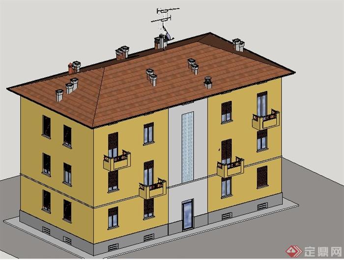 美式三层小公寓住宅楼建筑su模型(3)