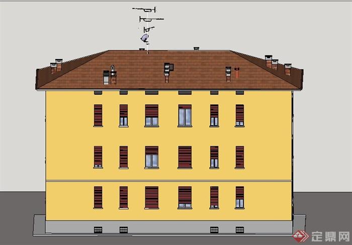 美式三层小公寓住宅楼建筑su模型(1)