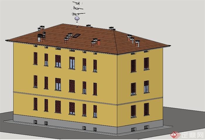 美式三层小公寓住宅楼建筑su模型(2)