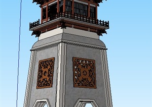 中式瞭望塔塔楼设计SU(草图大师)模型