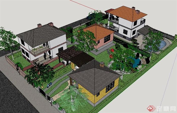 美式庭院别墅住宅建筑及庭院su模型(1)