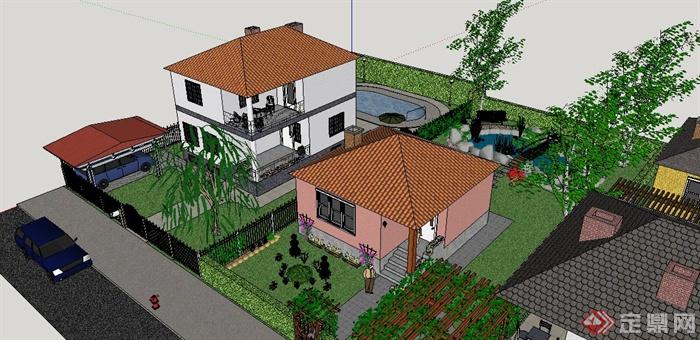 美式庭院别墅住宅建筑及庭院su模型(3)