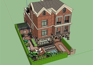 某英式风格精致详细别墅建筑及庭院设计SU(草图大师)模型